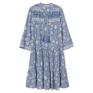 H&M Blue Floral Print 3/4 Sleeve V Neck Tassel Tiered Midi Dress Women’s Size 2
